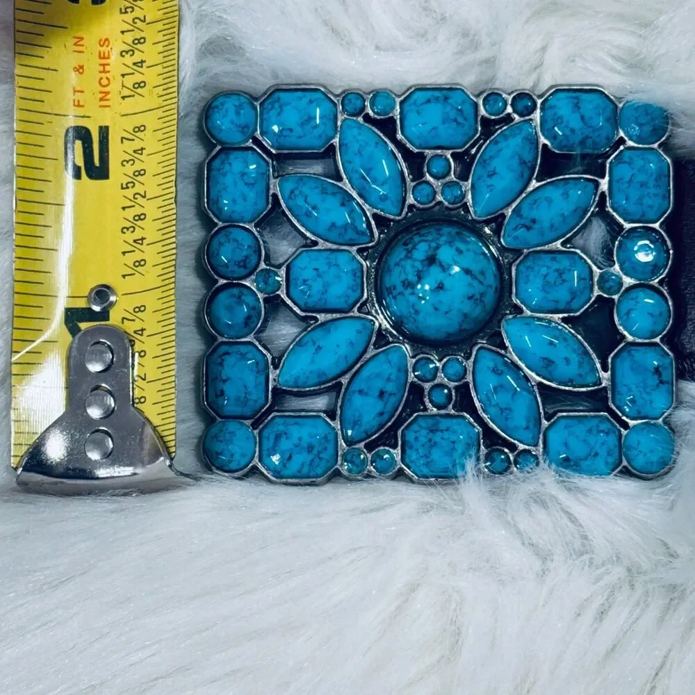 Western Boho Faux Turquoise Mosaic Buckle Belt Brown M (29.5-33.5) Waist Cowgirl